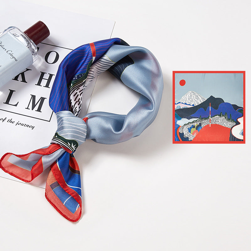 小さな四角いタオル春と秋ホワイトサンライズプリントシミュレーションスカーフ