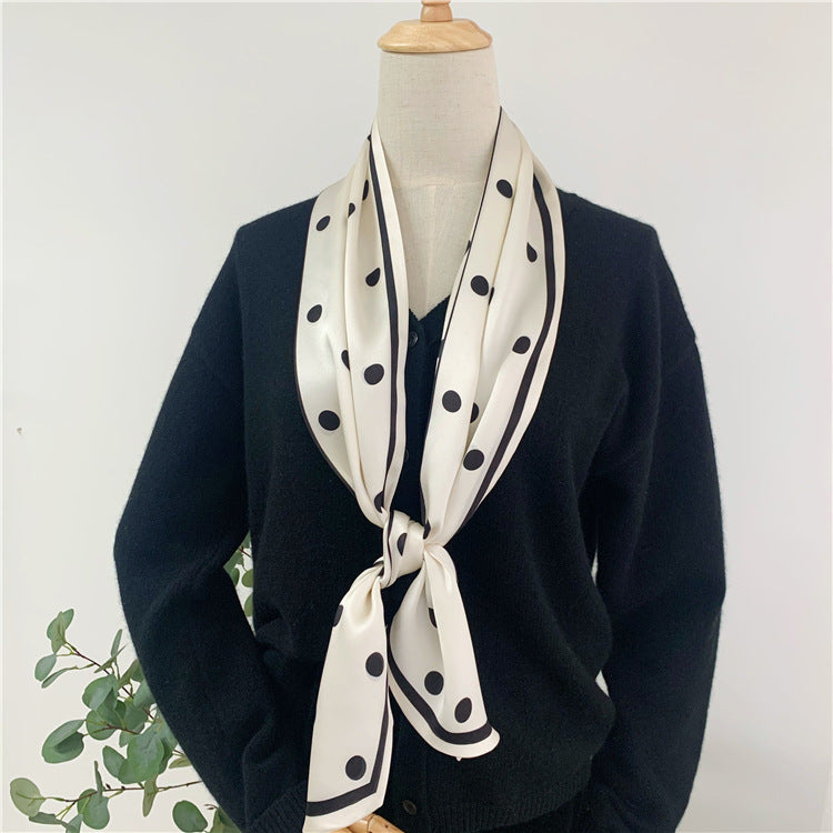Women's silk scarf small strip spring and autumn thin fashion Western style multi-functional French retro dots hair band scarf scarf shawl