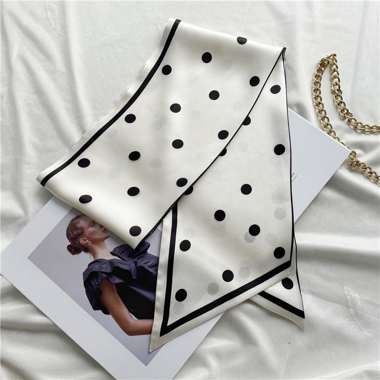 Women's silk scarf small strip spring and autumn thin fashion Western style multi-functional French retro dots hair band scarf scarf shawl