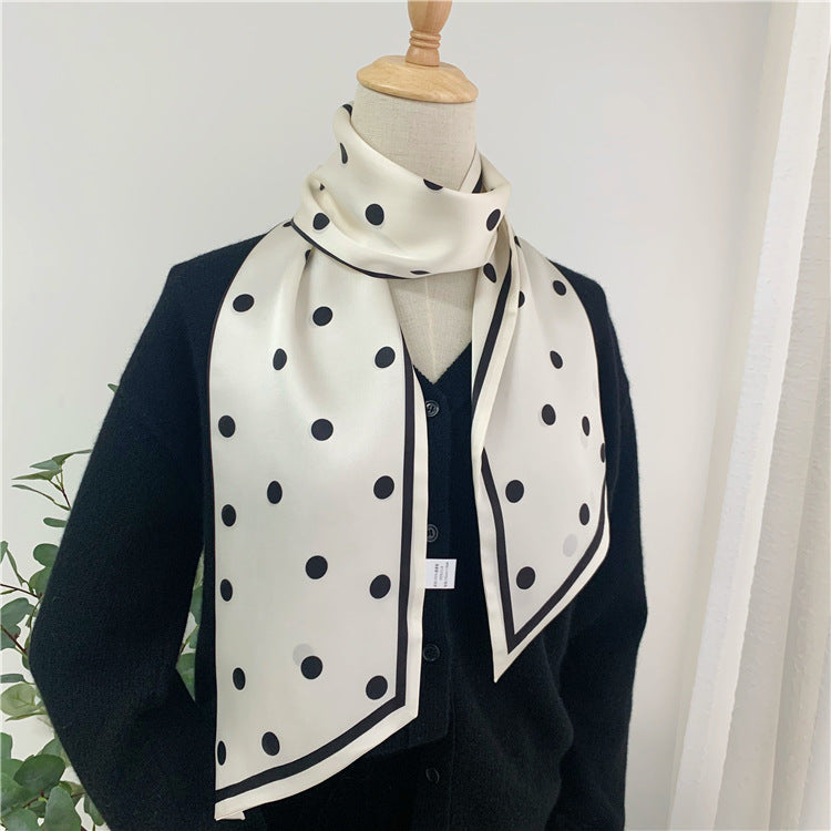 Women's silk scarf small strip spring and autumn thin fashion Western style multi-functional French retro dots hair band scarf scarf shawl