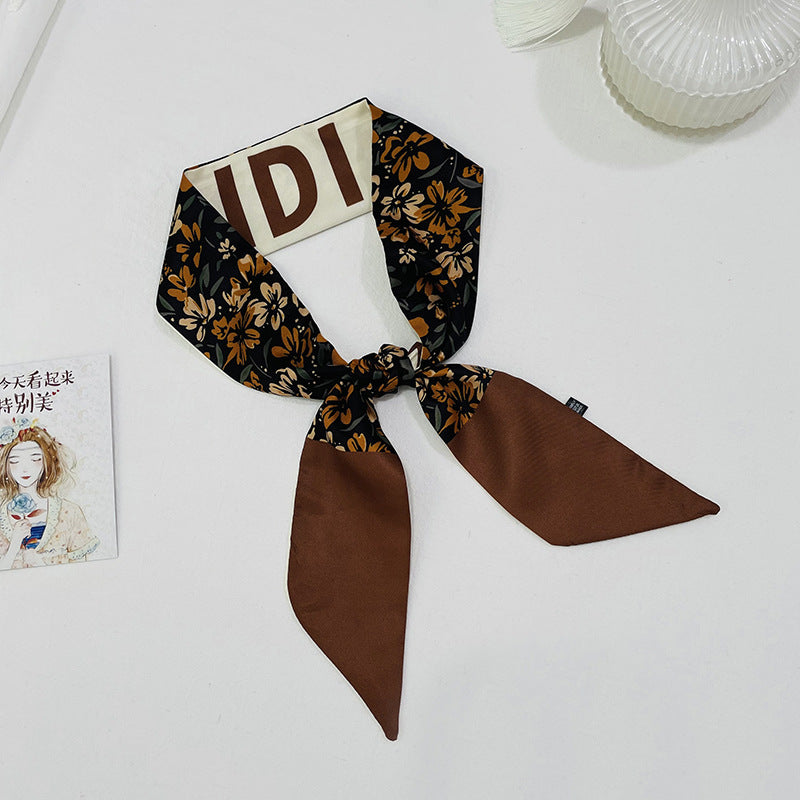 両面先のとがった小さなリボンの女性のシルクスカーフ人工シルクツイルターメリック手描きのスチュワーデススカーフハンドギフトヘアバンド付き