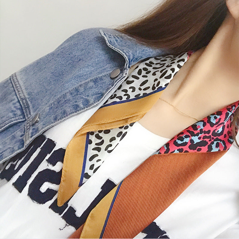 New style bag small square towel silk scarf artificial silk leopard print color matching retro ins artistic Korean small scarf women