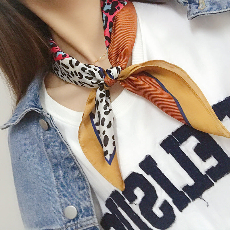 New style bag small square towel silk scarf artificial silk leopard print color matching retro ins artistic Korean small scarf women