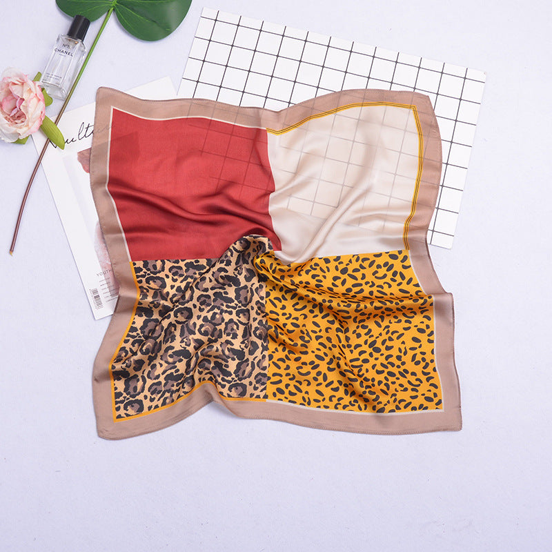 New style bag small square towel silk scarf artificial silk leopard print color matching retro ins artistic Korean small scarf women