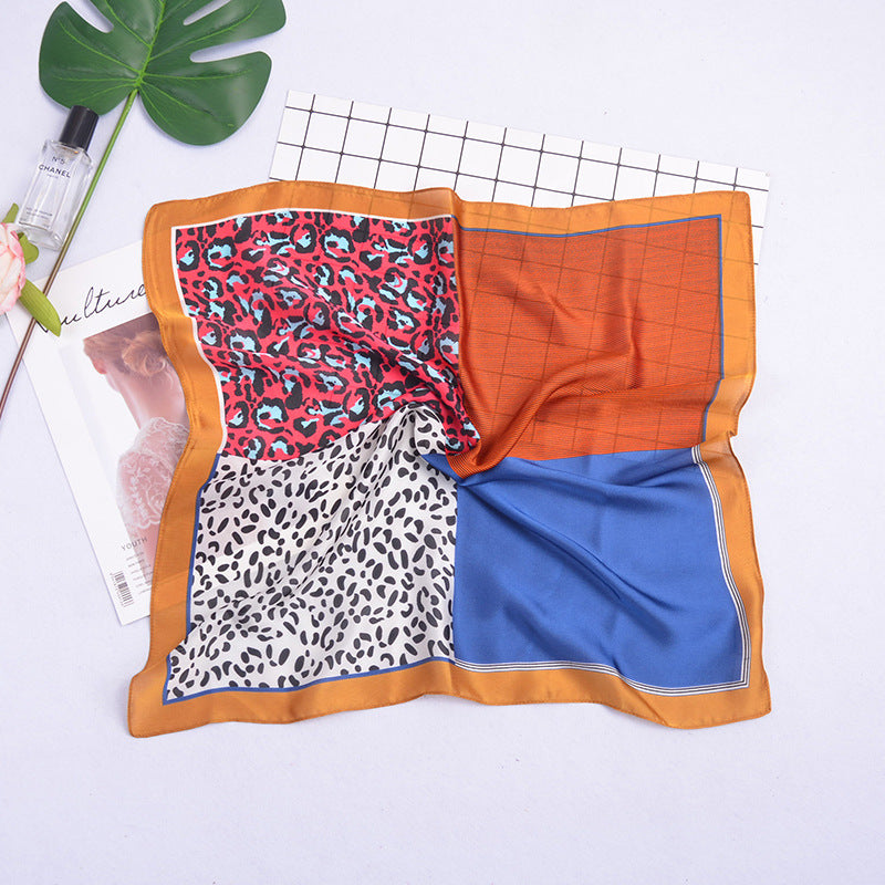 New style bag small square towel silk scarf artificial silk leopard print color matching retro ins artistic Korean small scarf women