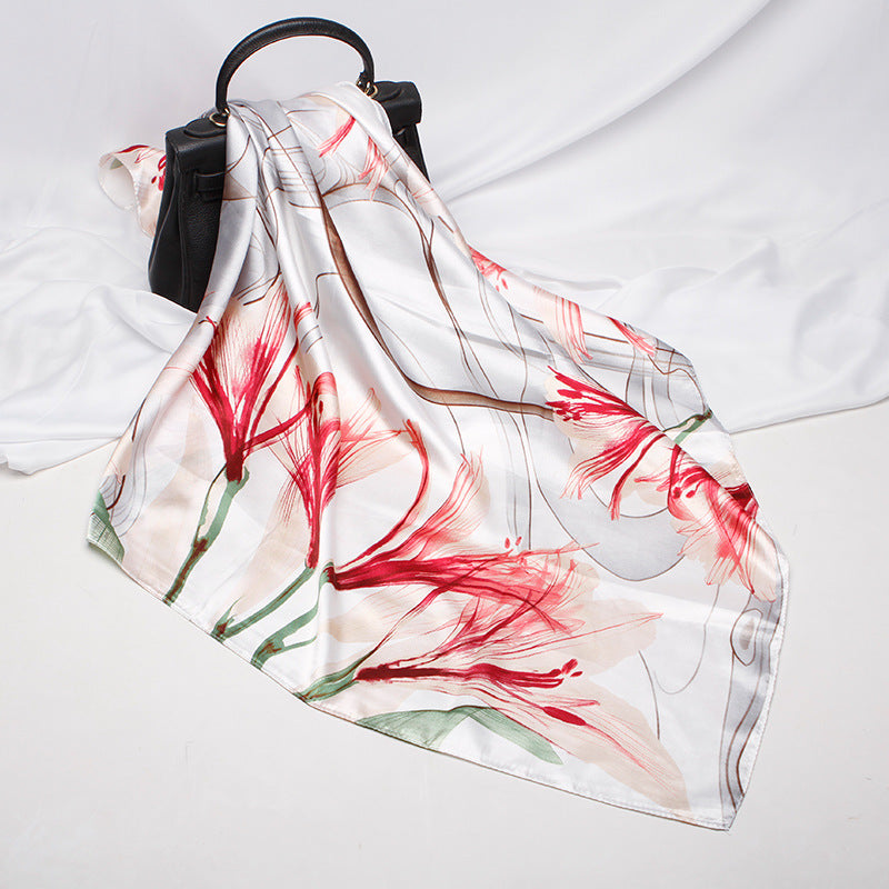 Spring new women's artificial silk large kerchief gift printed satin scarf