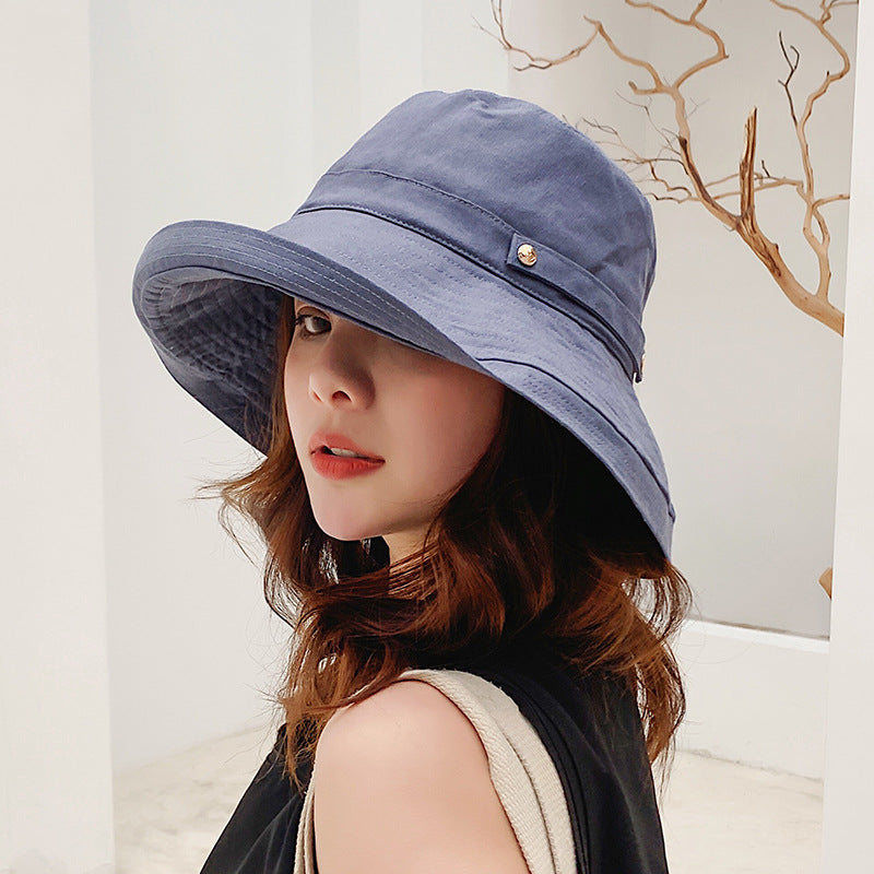 Summer new pure color double rivet sun hat with wide brim Korean style Japanese style cotton fashion all-matching bucket hat children