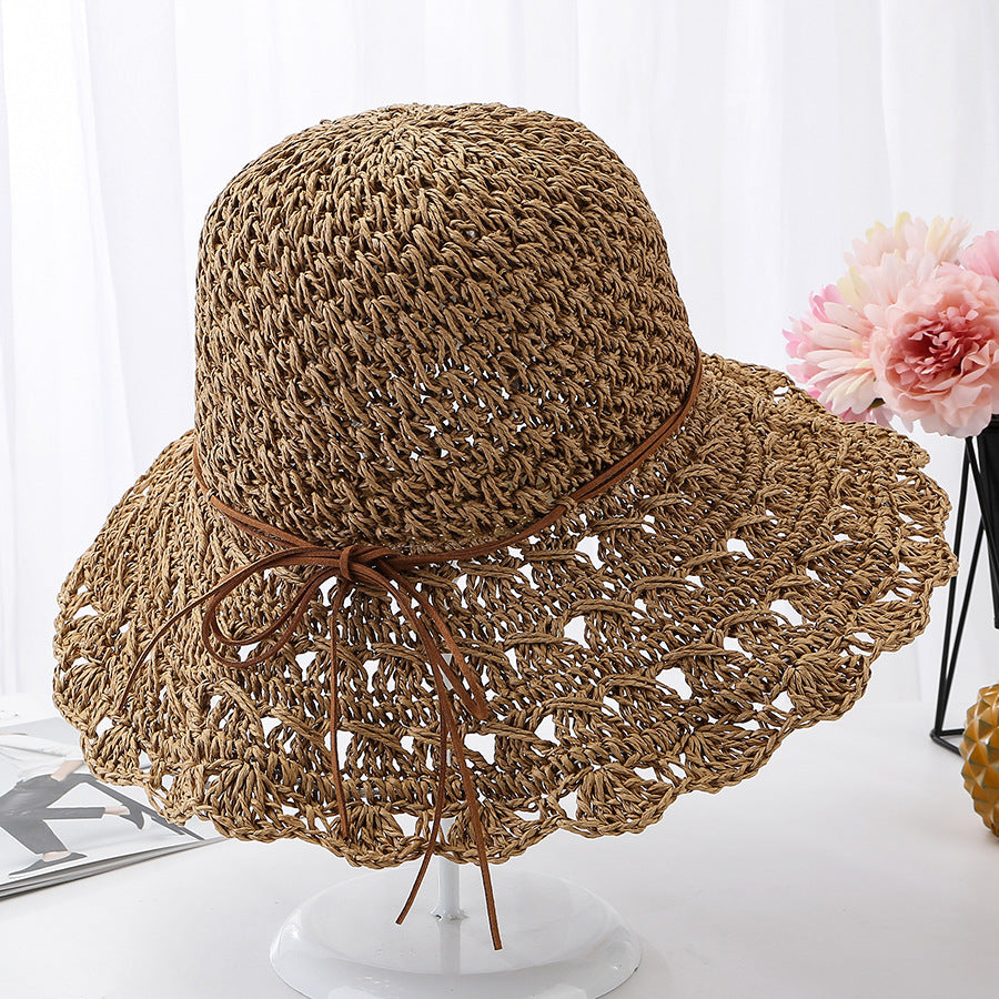 New summer crocheted straw hat women's Korean-style fashionable foldable leather rope sun hat Beach seaside sun hat