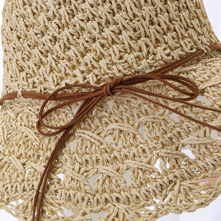 New summer crocheted straw hat women's Korean-style fashionable foldable leather rope sun hat Beach seaside sun hat