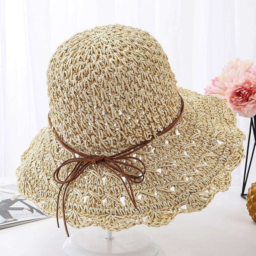 New summer crocheted straw hat women's Korean-style fashionable foldable leather rope sun hat Beach seaside sun hat