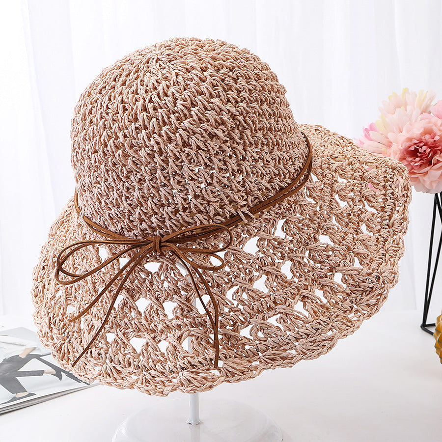 New summer crocheted straw hat women's Korean-style fashionable foldable leather rope sun hat Beach seaside sun hat