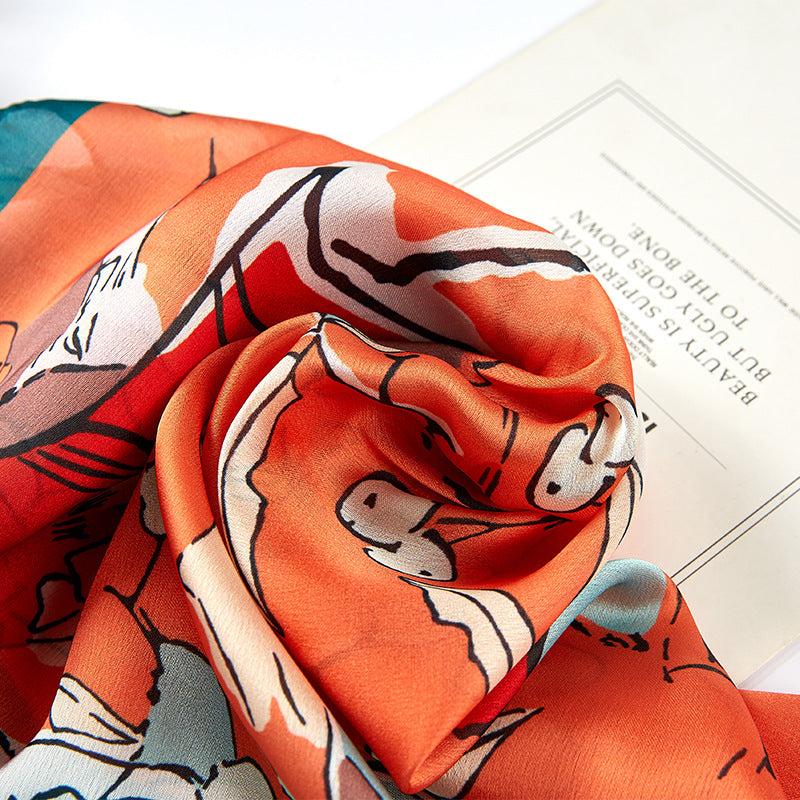 Summer ins style Japanese and Korean style sweet new satin orange fruit Stone printing small silk square scarf