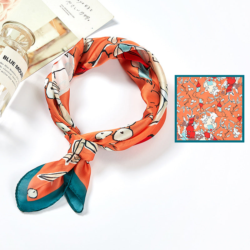 Summer ins style Japanese and Korean style sweet new satin orange fruit Stone printing small silk square scarf