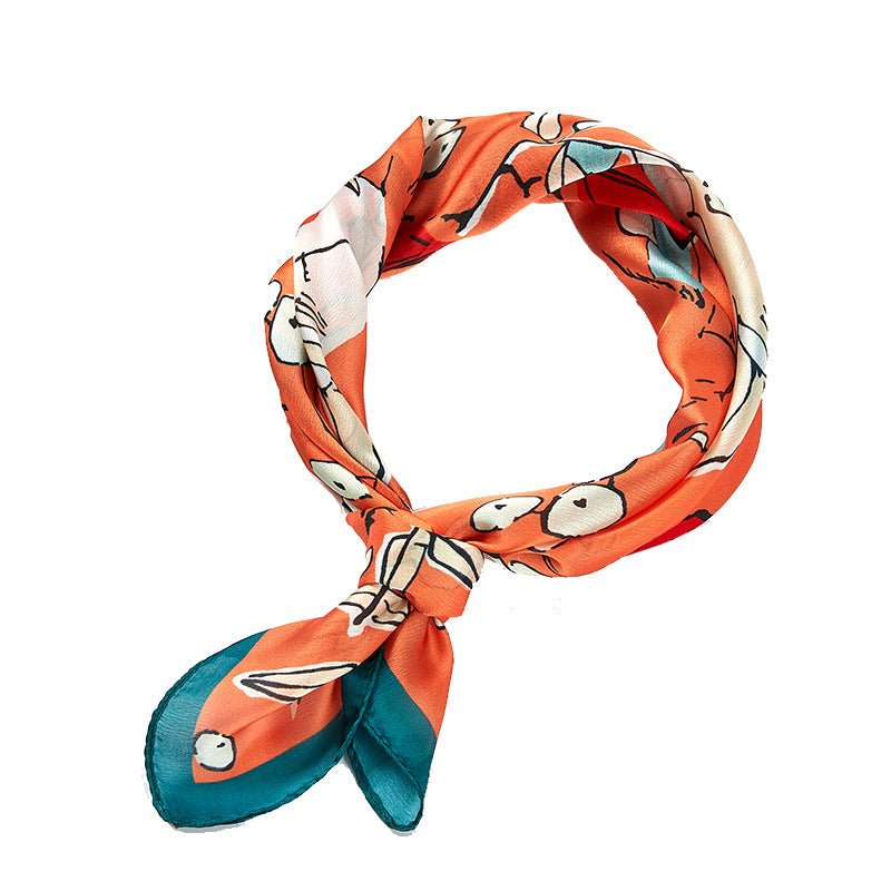 Summer ins style Japanese and Korean style sweet new satin orange fruit Stone printing small silk square scarf