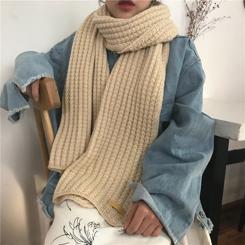 INS Harajuku style coarse yarn knitted scarf female winter Korean style all-matching thick warm scarf student solid color fashion