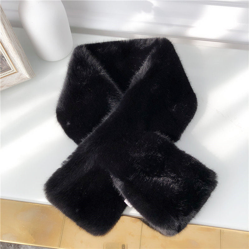 ins Korean style Rex rabbit fur scarf women's autumn and winter imitation fur all-matching chic fur scarf solid color plush small bandana