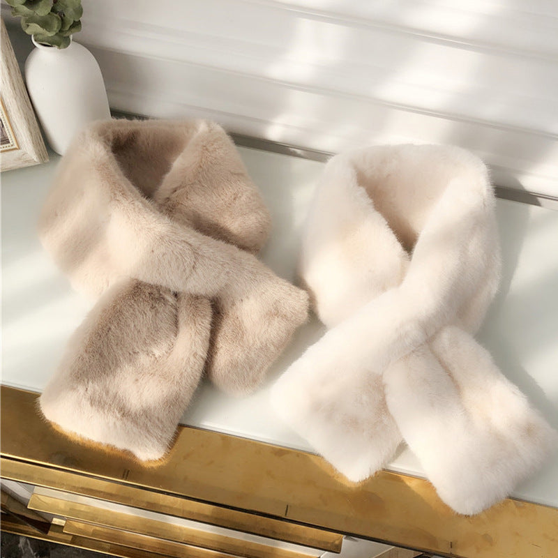 ins Korean style Rex rabbit fur scarf women's autumn and winter imitation fur all-matching chic fur scarf solid color plush small bandana