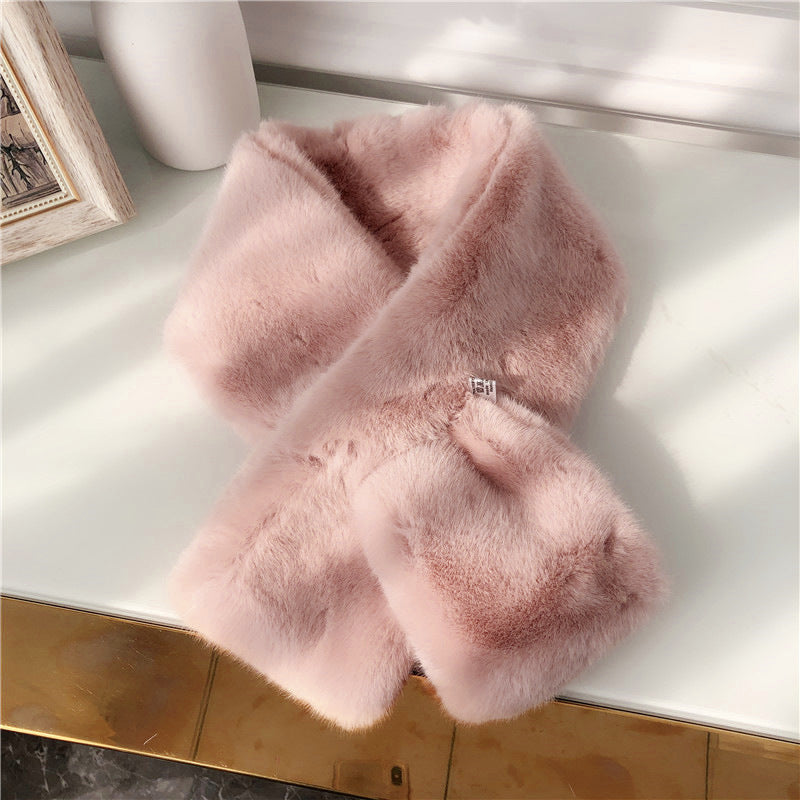 ins Korean style Rex rabbit fur scarf women's autumn and winter imitation fur all-matching chic fur scarf solid color plush small bandana