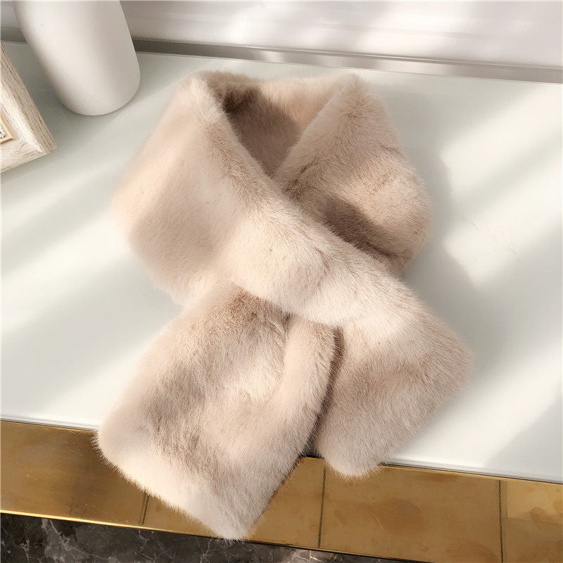 ins Korean style Rex rabbit fur scarf women's autumn and winter imitation fur all-matching chic fur scarf solid color plush small bandana