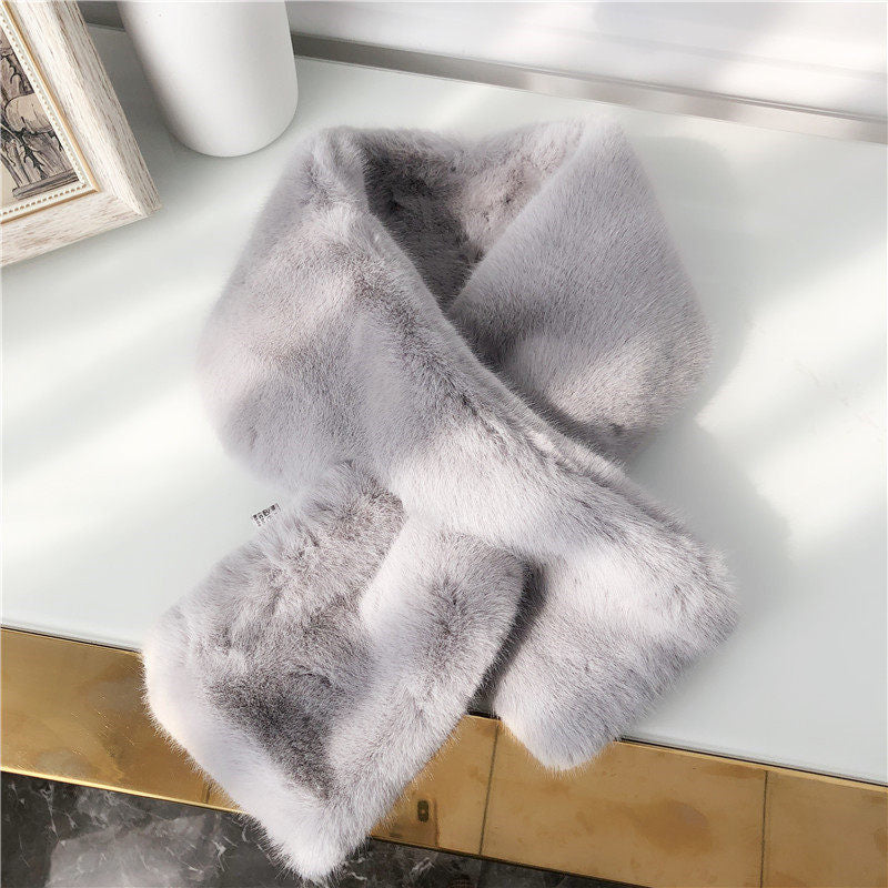 ins Korean style Rex rabbit fur scarf women's autumn and winter imitation fur all-matching chic fur scarf solid color plush small bandana