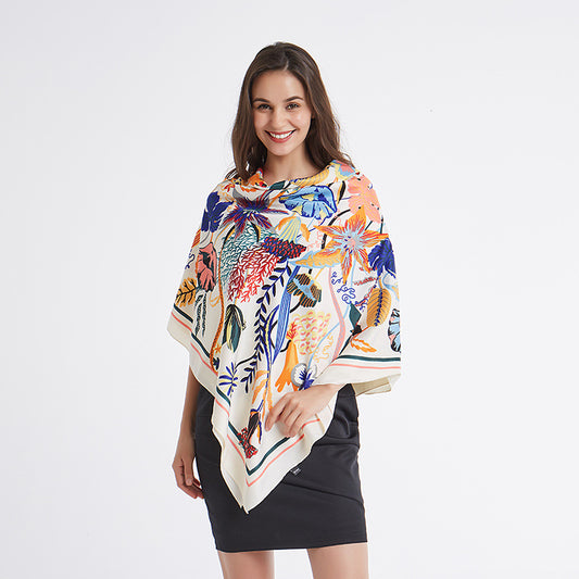 New twill silk oil painting printed large kerchief vacation travel sun summer women's shawl