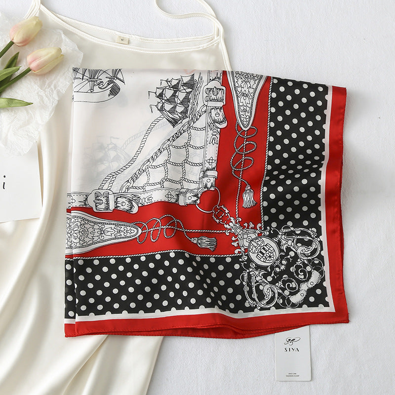 New retro scarf 70cm satin chiffon small square towel women's artificial silk carriage printed red scarf customization