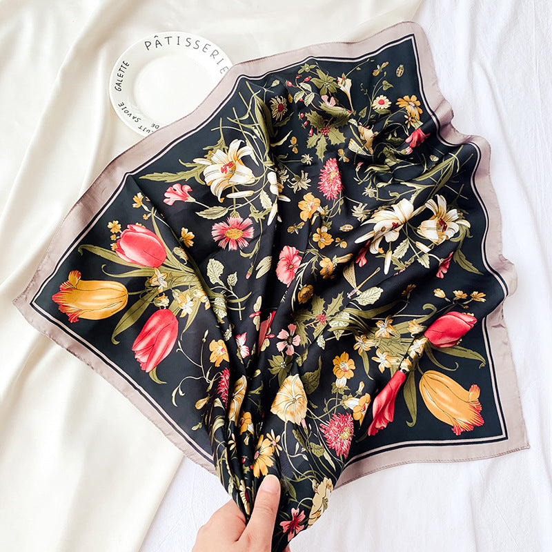 70 satin chiffon scarf women's French retro new artificial silk floral printed small square scarf gift stewardess scarf