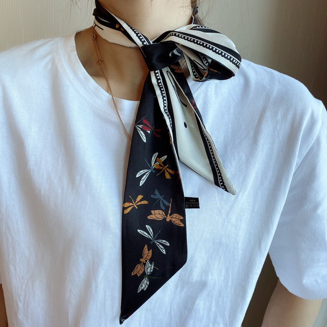 Double-sided pointed small ribbon women's silk scarf artificial silk twill Dragonfly stewardess scarf hand gift braided plate hair band