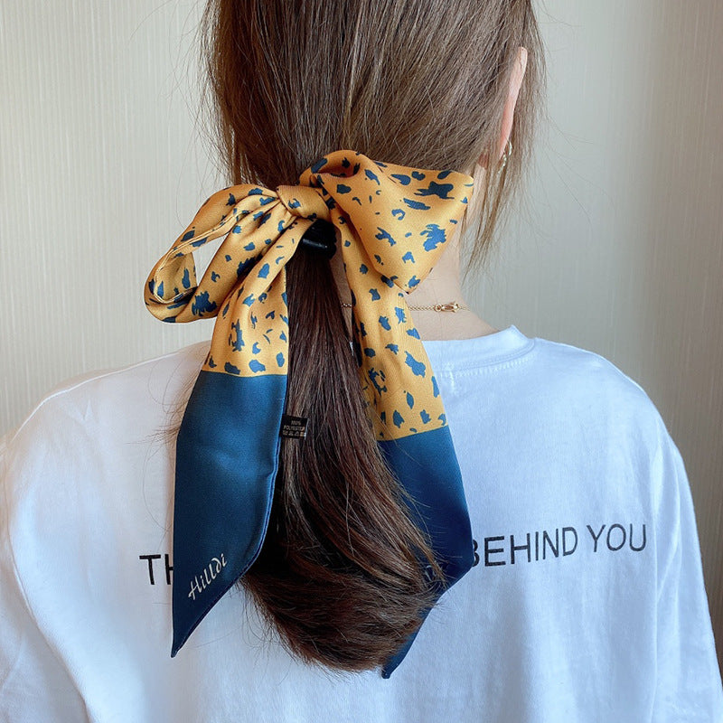 Double-sided pointed small ribbon women's silk scarf artificial silk twill leopard print stewardess scarf hand gift braided plate hair band