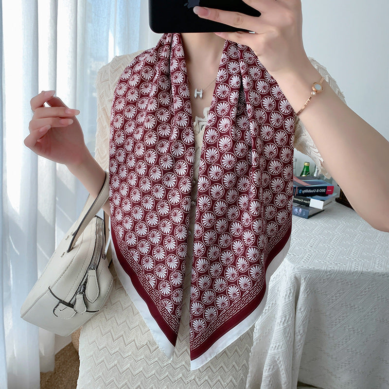 Spring French retro women's simple all-matching Western style fashionable elegant burgundy twill silk large kerchief