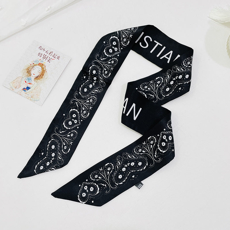 Double-sided pointed small ribbon women's silk scarf artificial silk twill black and white cashew stewardess scarf with hand gift hair band