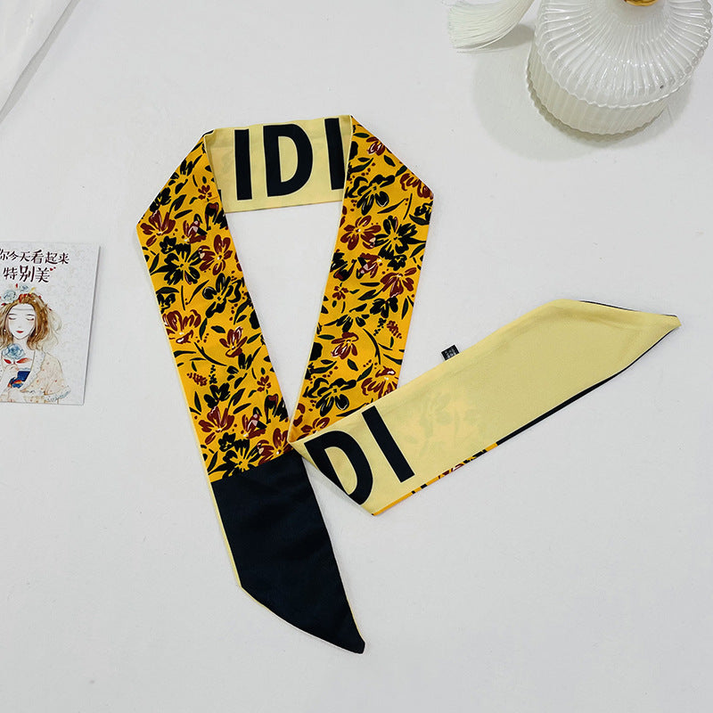 Double-sided pointed small ribbon women's silk scarf artificial silk twill turmeric hand painted stewardess scarf with hand gift hair band