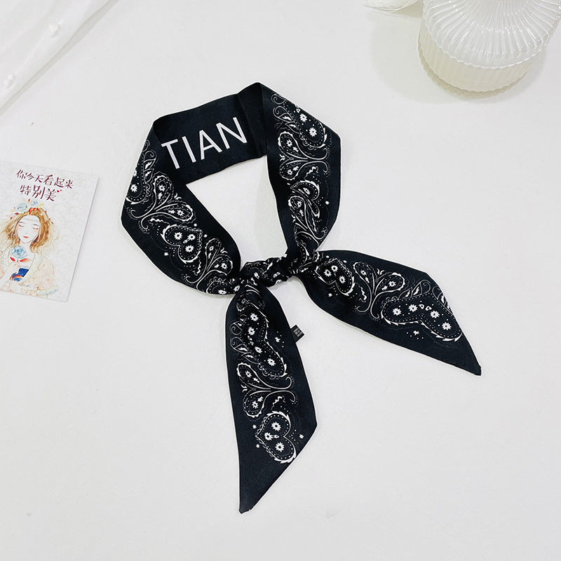 Double-sided pointed small ribbon women's silk scarf artificial silk twill black and white cashew stewardess scarf with hand gift hair band