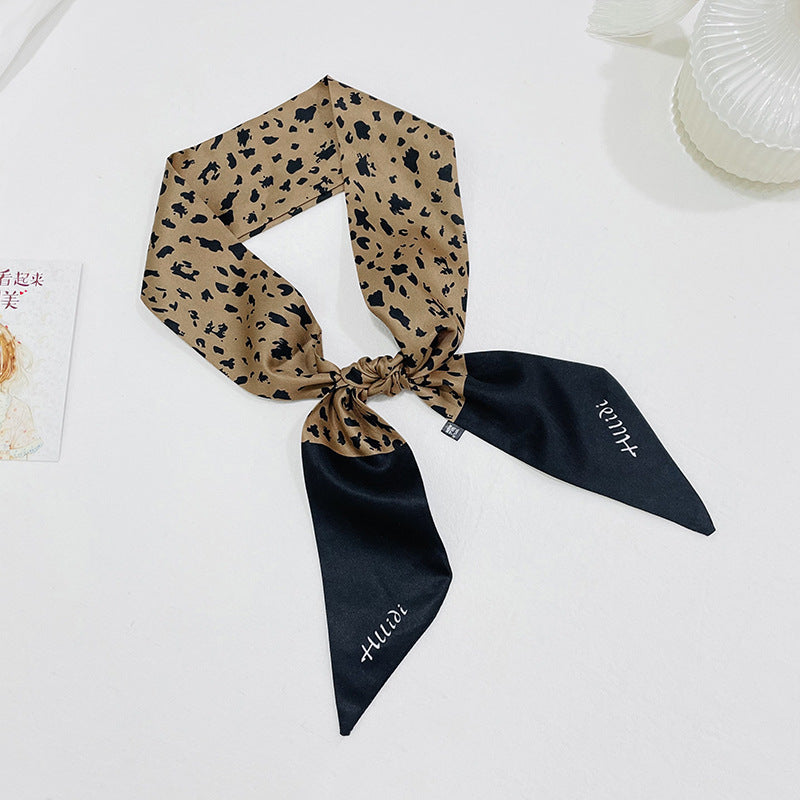 Double-sided pointed small ribbon women's silk scarf artificial silk twill leopard print stewardess scarf hand gift braided plate hair band