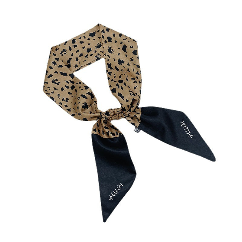 Double-sided pointed small ribbon women's silk scarf artificial silk twill leopard print stewardess scarf hand gift braided plate hair band