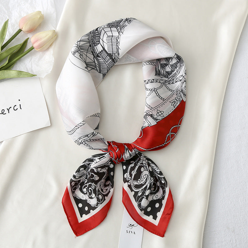 New retro scarf 70cm satin chiffon small square towel women's artificial silk carriage printed red scarf customization