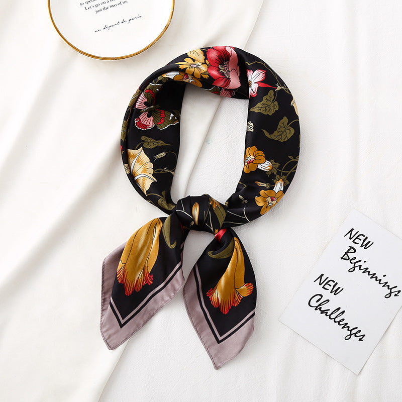 70 satin chiffon scarf women's French retro new artificial silk floral printed small square scarf gift stewardess scarf