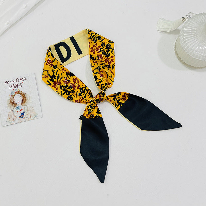 Double-sided pointed small ribbon women's silk scarf artificial silk twill turmeric hand painted stewardess scarf with hand gift hair band